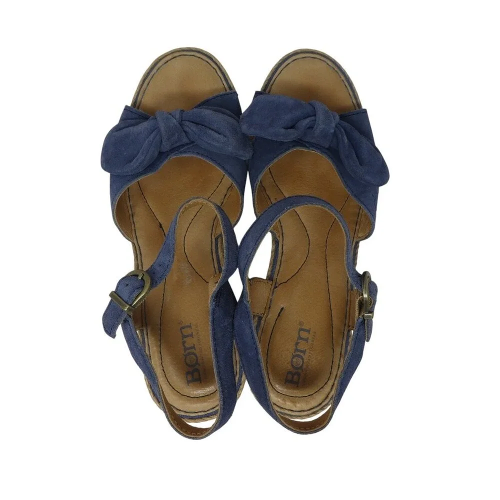 Born Monticello Wedge Sandals Womens 8 Blue Suede Bow‎ Espadrille